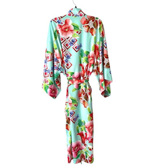 Natori Star Blossom Belted Robe Private Luxuries Size large Blue Pink - Picture 6 of 10